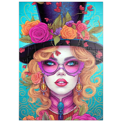 Darstellung des Puzzle Motivs Glamouröse Frau mit Blumen-Zylinderhut puzzleplate Glamorous Woman with Floral Top Hat 100 Puzzle
