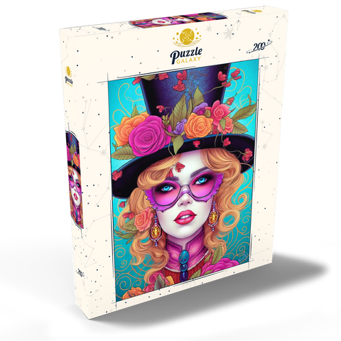 Darstellung des Puzzle Motivs Glamouröse Frau mit Blumen-Zylinderhut Glamorous Woman with Floral Top Hat 200 Puzzle Schachtel Ansicht2