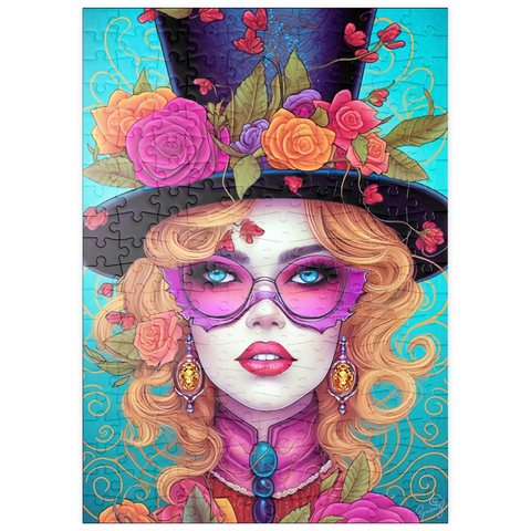 Darstellung des Puzzle Motivs Glamouröse Frau mit Blumen-Zylinderhut puzzleplate Glamorous Woman with Floral Top Hat 200 Puzzle