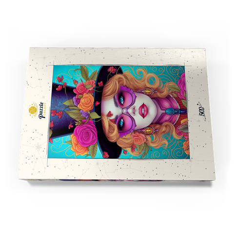 Darstellung des Puzzle Motivs Glamouröse Frau mit Blumen-Zylinderhut Glamorous Woman with Floral Top Hat 500 Puzzle Schachtel Ansicht3