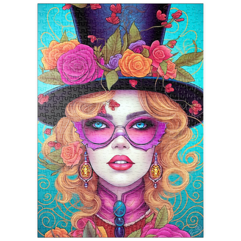 Darstellung des Puzzle Motivs Glamouröse Frau mit Blumen-Zylinderhut puzzleplate Glamorous Woman with Floral Top Hat 500 Puzzle