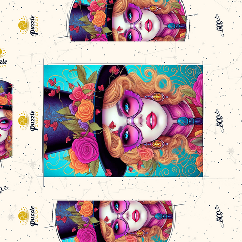 Darstellung des Puzzle Motivs Glamouröse Frau mit Blumen-Zylinderhut Glamorous Woman with Floral Top Hat 500 Puzzle Schachtel 3D Modell