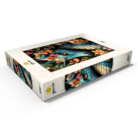 Alternative Darstellung des Puzzle-Motivs Majestätischer blauer Drache mit Blumenkrone in einem Fantasiewald – Puzzleteile: 1000