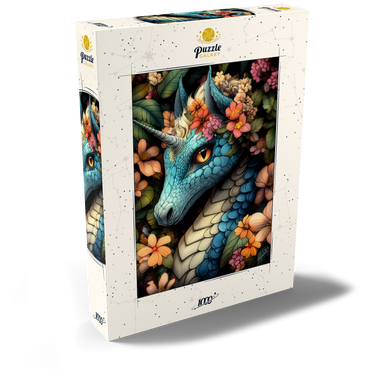 Darstellung des Puzzle Motivs Majestic Blue Dragon with Floral Crown in a Fantasy Forest 1000 Puzzle Schachtel Ansicht2