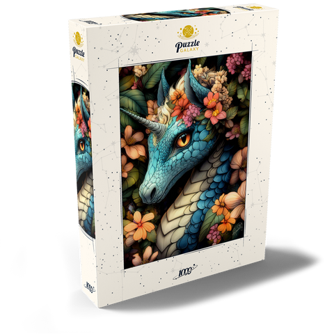 Darstellung des Puzzle Motivs Majestätischer blauer Drache mit Blumenkrone in einem Fantasiewald Majestic Blue Dragon with Floral Crown in a Fantasy Forest 1000 Puzzle Schachtel Ansicht2