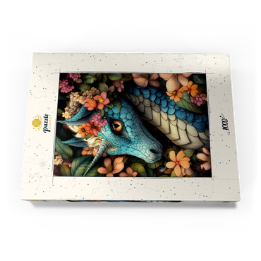 Darstellung des Puzzle Motivs Majestic Blue Dragon with Floral Crown in a Fantasy Forest 1000 Puzzle Schachtel Ansicht3
