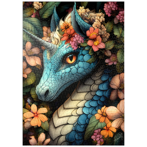 Darstellung des Puzzle Motivs Majestätischer blauer Drache mit Blumenkrone in einem Fantasiewald puzzleplate Majestic Blue Dragon with Floral Crown in a Fantasy Forest 1000 Puzzle