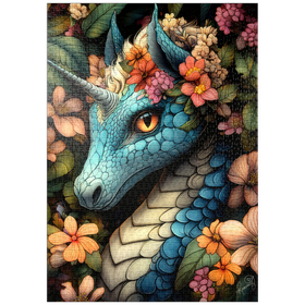 Darstellung des Puzzle Motivs Majestätischer blauer Drache mit Blumenkrone in einem Fantasiewald - Puzzleteile: 1000