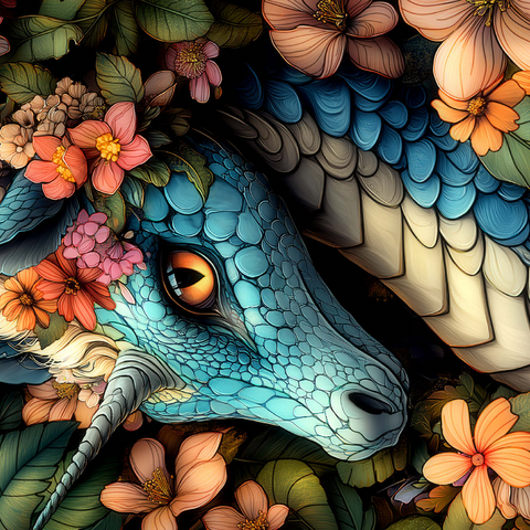Darstellung des Puzzle Motivs Majestätischer blauer Drache mit Blumenkrone in einem Fantasiewald Majestic Blue Dragon with Floral Crown in a Fantasy Forest 1000 Puzzle 3D Modell