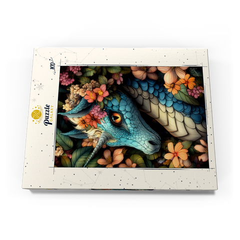 Darstellung des Puzzle Motivs Majestätischer blauer Drache mit Blumenkrone in einem Fantasiewald Majestic Blue Dragon with Floral Crown in a Fantasy Forest 100 Puzzle Schachtel Ansicht3