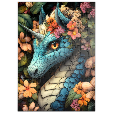 Darstellung des Puzzle Motivs Majestätischer blauer Drache mit Blumenkrone in einem Fantasiewald puzzleplate Majestic Blue Dragon with Floral Crown in a Fantasy Forest 100 Puzzle