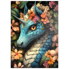 Darstellung des Puzzle Motivs Majestätischer blauer Drache mit Blumenkrone in einem Fantasiewald - Puzzleteile: 100