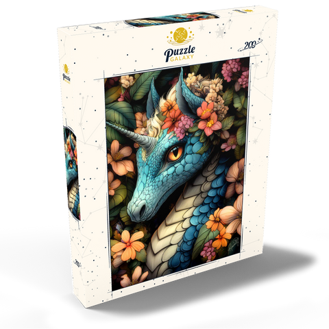 Darstellung des Puzzle Motivs Majestätischer blauer Drache mit Blumenkrone in einem Fantasiewald Majestic Blue Dragon with Floral Crown in a Fantasy Forest 200 Puzzle Schachtel Ansicht2