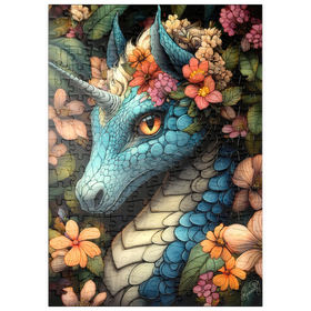 Darstellung des Puzzle Motivs Majestätischer blauer Drache mit Blumenkrone in einem Fantasiewald - Puzzleteile: 200