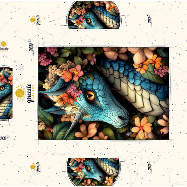 Darstellung des Puzzle Motivs Majestic Blue Dragon with Floral Crown in a Fantasy Forest 200 Puzzle Schachtel 3D Modell