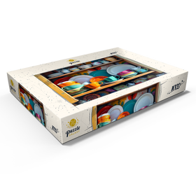 Darstellung des Puzzle Motivs Farbenfrohes Keramikgeschirr-Set in rustikalem Küchenschrank - Puzzleteile: 1000