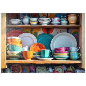 Darstellung des Puzzle-Motivs Farbenfrohes Keramikgeschirr-Set in rustikalem Küchenschrank – Puzzleteile: 1000