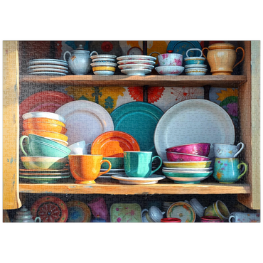 Darstellung des Puzzle Motivs puzzleplate Colorful Ceramic Dishware Set in Rustic Kitchen Cabinet 1000 Puzzle