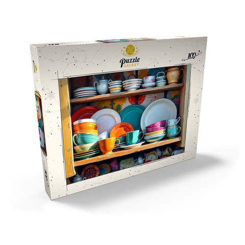 Darstellung des Puzzle Motivs Farbenfrohes Keramikgeschirr-Set in rustikalem Küchenschrank Colorful Ceramic Dishware Set in Rustic Kitchen Cabinet 100 Puzzle Schachtel Ansicht2