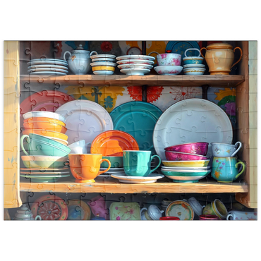 Darstellung des Puzzle Motivs puzzleplate Colorful Ceramic Dishware Set in Rustic Kitchen Cabinet 100 Puzzle