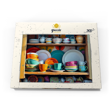 Darstellung des Puzzle Motivs Colorful Ceramic Dishware Set in Rustic Kitchen Cabinet 200 Puzzle Schachtel Ansicht3