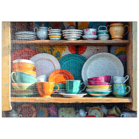 Darstellung des Puzzle Motivs Farbenfrohes Keramikgeschirr-Set in rustikalem Küchenschrank - Puzzleteile: 200
