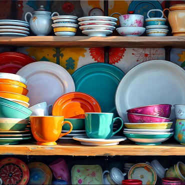 Darstellung des Puzzle Motivs Colorful Ceramic Dishware Set in Rustic Kitchen Cabinet 200 Puzzle 3D Modell