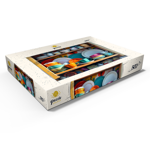 Darstellung des Puzzle Motivs Farbenfrohes Keramikgeschirr-Set in rustikalem Küchenschrank Colorful Ceramic Dishware Set in Rustic Kitchen Cabinet 500 Puzzle Schachtel Ansicht1