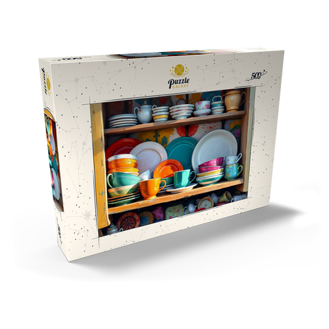 Darstellung des Puzzle Motivs Farbenfrohes Keramikgeschirr-Set in rustikalem Küchenschrank Colorful Ceramic Dishware Set in Rustic Kitchen Cabinet 500 Puzzle Schachtel Ansicht2