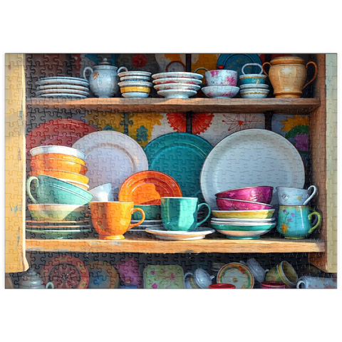 Darstellung des Puzzle Motivs Farbenfrohes Keramikgeschirr-Set in rustikalem Küchenschrank puzzleplate Colorful Ceramic Dishware Set in Rustic Kitchen Cabinet 500 Puzzle