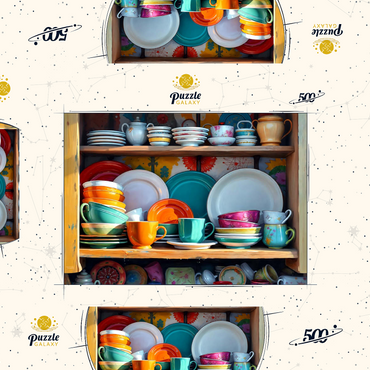 Darstellung des Puzzle Motivs Colorful Ceramic Dishware Set in Rustic Kitchen Cabinet 500 Puzzle Schachtel 3D Modell