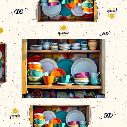 Darstellung des Puzzle Motivs Farbenfrohes Keramikgeschirr-Set in rustikalem Küchenschrank Colorful Ceramic Dishware Set in Rustic Kitchen Cabinet 500 Puzzle Schachtel 3D Modell