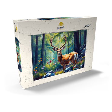 Darstellung des Puzzle Motivs Majestic Deer in a Sunlit Forest with Wildflowers 1000 Puzzle Schachtel Ansicht2