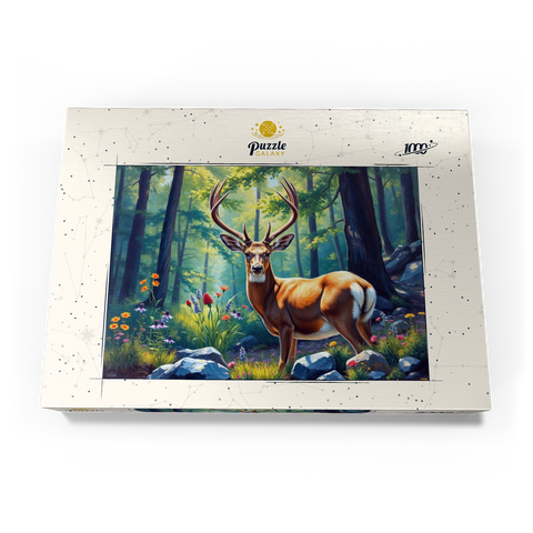 Darstellung des Puzzle Motivs Majestätischer Hirsch in einem sonnenbeschienenen Wald mit Wildblumen Majestic Deer in a Sunlit Forest with Wildflowers 1000 Puzzle Schachtel Ansicht3
