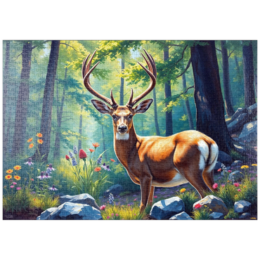 Darstellung des Puzzle Motivs puzzleplate Majestic Deer in a Sunlit Forest with Wildflowers 1000 Puzzle