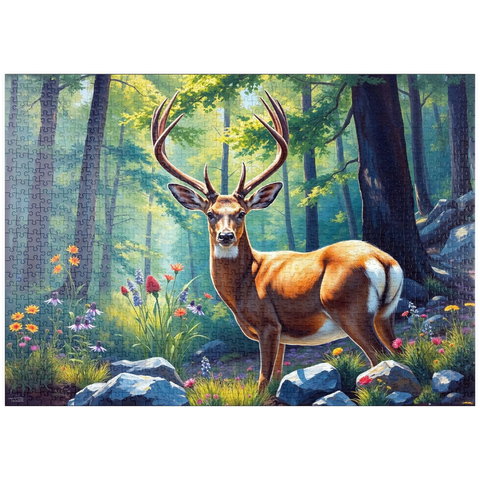 Darstellung des Puzzle Motivs Majestätischer Hirsch in einem sonnenbeschienenen Wald mit Wildblumen puzzleplate Majestic Deer in a Sunlit Forest with Wildflowers 1000 Puzzle