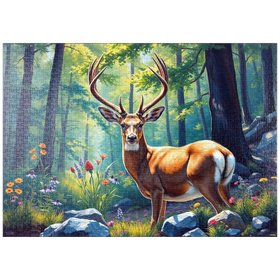 Darstellung des Puzzle Motivs Majestätischer Hirsch in einem sonnenbeschienenen Wald mit Wildblumen - Puzzleteile: 1000