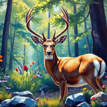 Darstellung des Puzzle Motivs Majestic Deer in a Sunlit Forest with Wildflowers 1000 Puzzle 3D Modell