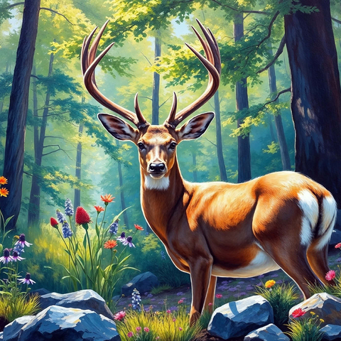 Darstellung des Puzzle Motivs Majestätischer Hirsch in einem sonnenbeschienenen Wald mit Wildblumen Majestic Deer in a Sunlit Forest with Wildflowers 1000 Puzzle 3D Modell