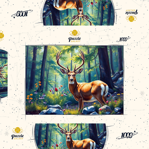 Darstellung des Puzzle Motivs Majestätischer Hirsch in einem sonnenbeschienenen Wald mit Wildblumen Majestic Deer in a Sunlit Forest with Wildflowers 1000 Puzzle Schachtel 3D Modell