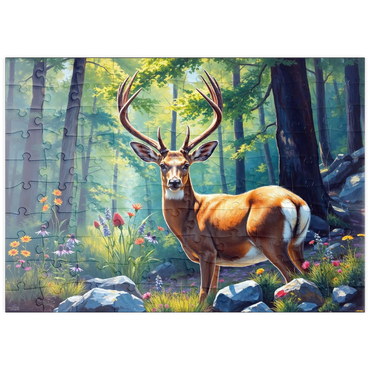 Darstellung des Puzzle Motivs puzzleplate Majestic Deer in a Sunlit Forest with Wildflowers 100 Puzzle