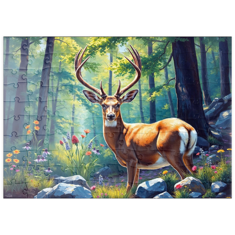 Darstellung des Puzzle Motivs Majestätischer Hirsch in einem sonnenbeschienenen Wald mit Wildblumen puzzleplate Majestic Deer in a Sunlit Forest with Wildflowers 100 Puzzle
