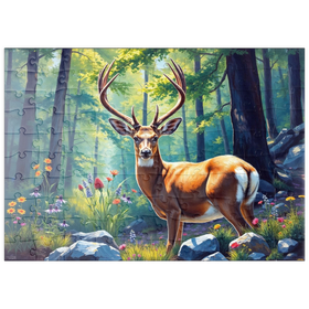 Darstellung des Puzzle Motivs Majestätischer Hirsch in einem sonnenbeschienenen Wald mit Wildblumen - Puzzleteile: 100
