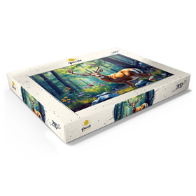 Darstellung des Puzzle Motivs Majestätischer Hirsch in einem sonnenbeschienenen Wald mit Wildblumen - Puzzleteile: 200