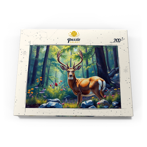 Darstellung des Puzzle Motivs Majestätischer Hirsch in einem sonnenbeschienenen Wald mit Wildblumen Majestic Deer in a Sunlit Forest with Wildflowers 200 Puzzle Schachtel Ansicht3