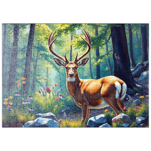 Darstellung des Puzzle Motivs Majestätischer Hirsch in einem sonnenbeschienenen Wald mit Wildblumen puzzleplate Majestic Deer in a Sunlit Forest with Wildflowers 200 Puzzle