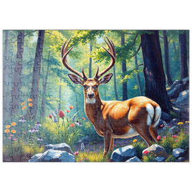 Darstellung des Puzzle Motivs Majestätischer Hirsch in einem sonnenbeschienenen Wald mit Wildblumen - Puzzleteile: 200