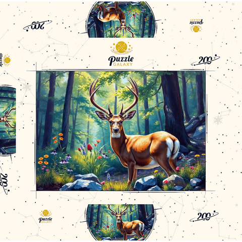 Darstellung des Puzzle Motivs Majestätischer Hirsch in einem sonnenbeschienenen Wald mit Wildblumen Majestic Deer in a Sunlit Forest with Wildflowers 200 Puzzle Schachtel 3D Modell