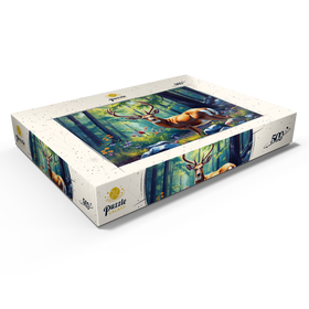 Darstellung des Puzzle Motivs Majestätischer Hirsch in einem sonnenbeschienenen Wald mit Wildblumen - Puzzleteile: 500