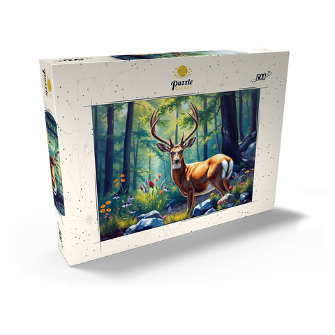 Darstellung des Puzzle Motivs Majestätischer Hirsch in einem sonnenbeschienenen Wald mit Wildblumen Majestic Deer in a Sunlit Forest with Wildflowers 500 Puzzle Schachtel Ansicht2